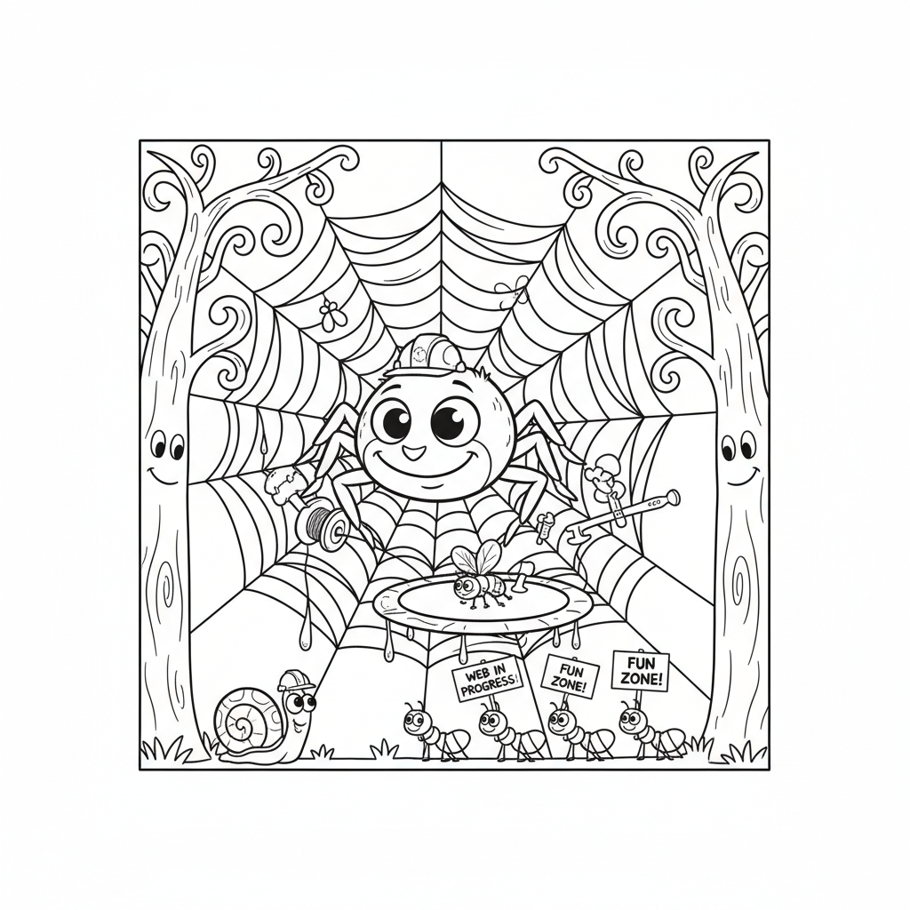 Pająk budujący dużą, skomplikowaną pajęczynę między dwoma drzewami, kolorowanka dla dzieci, czarne kontury, białe...