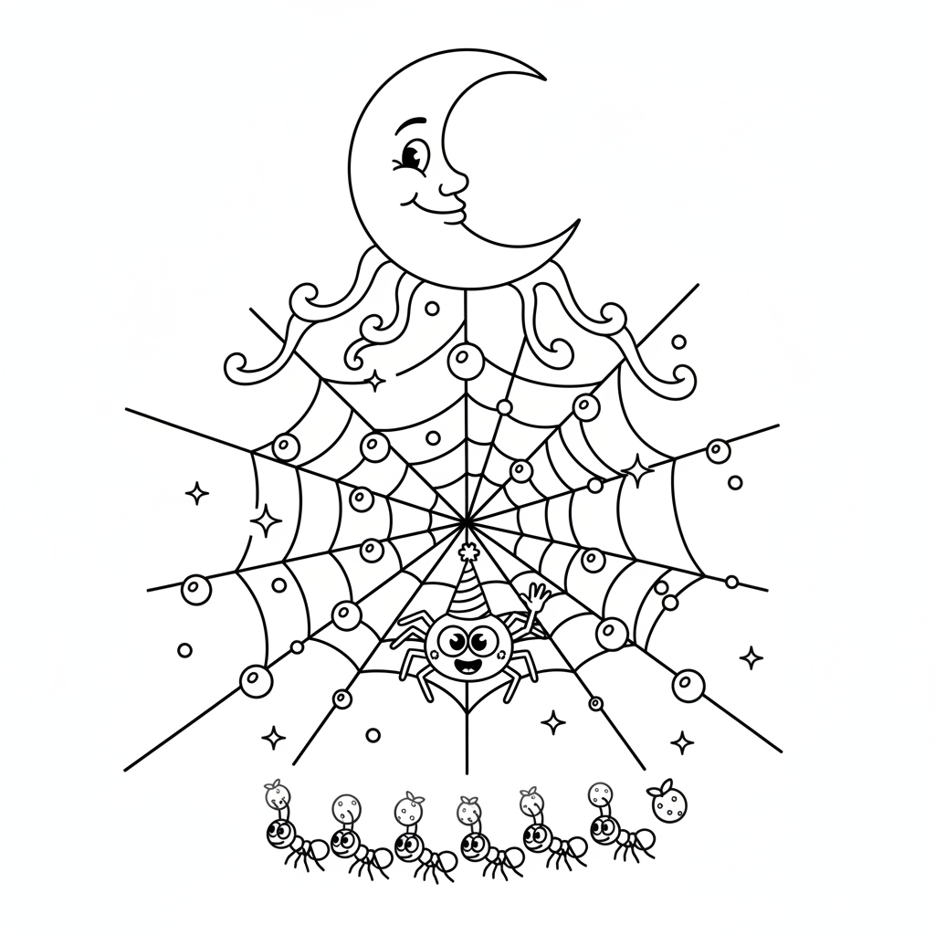 Pajęczyna z kroplami rosy, błyszcząca pod księżycowym niebem, kolorowanka dla dzieci, czarne kontury, białe tło.