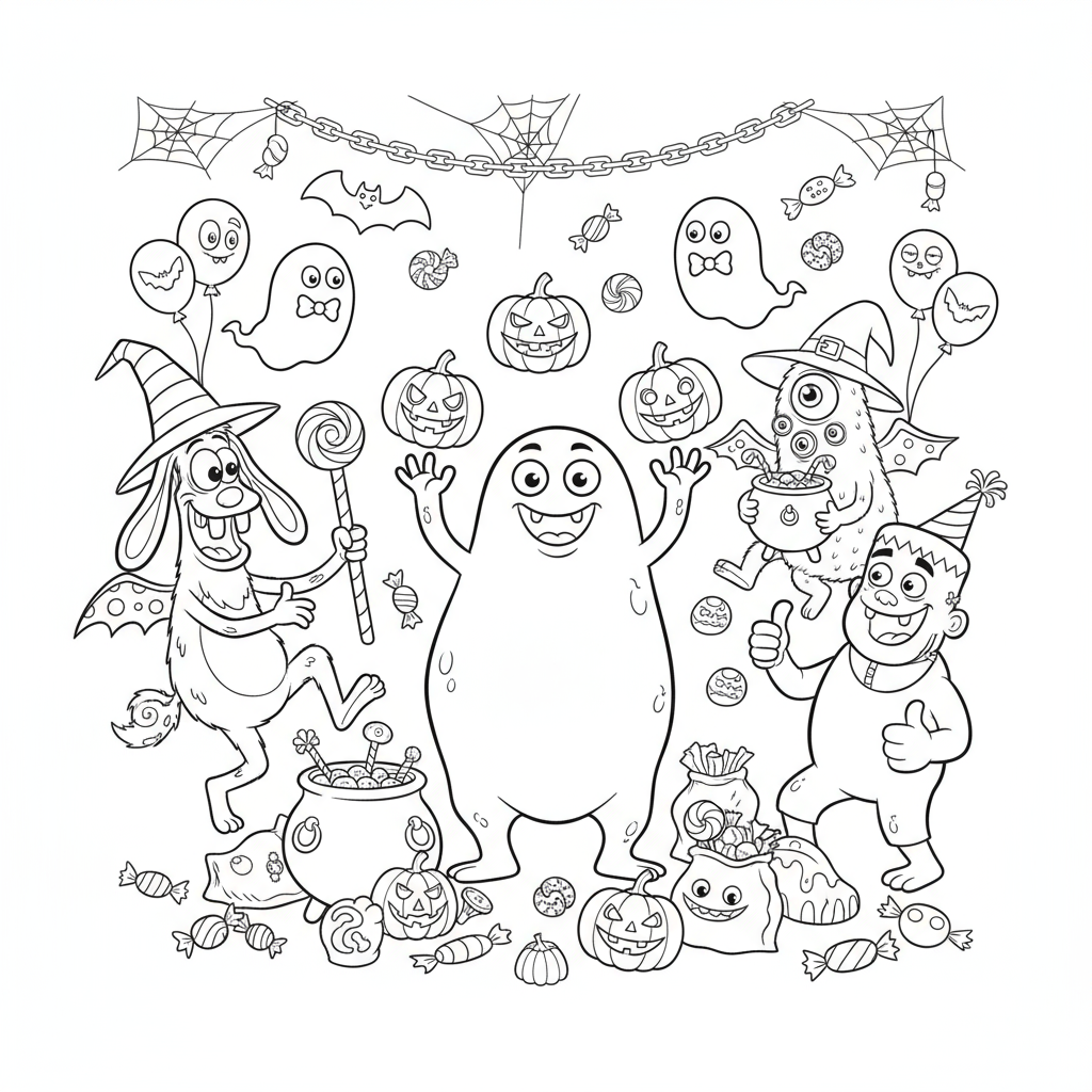 Grupa potworów (przyjaznych, takich jak Blob, Śmieszny potwór) bawiących się na imprezie Halloween, kolorowanka dla d...
