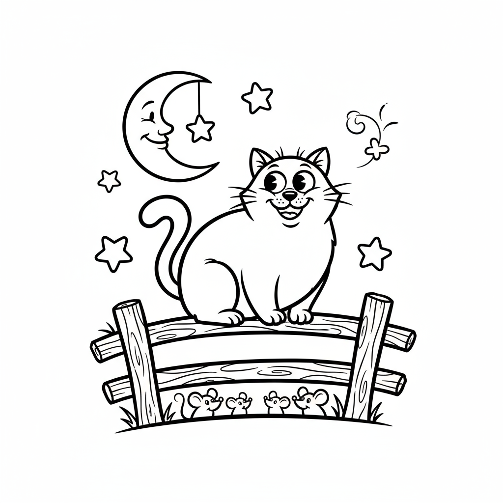 Przyjazny czarny kot siedzący na płocie, z półksiężycem w tle, kolorowanka dla dzieci, czarne kontury, białe tło.