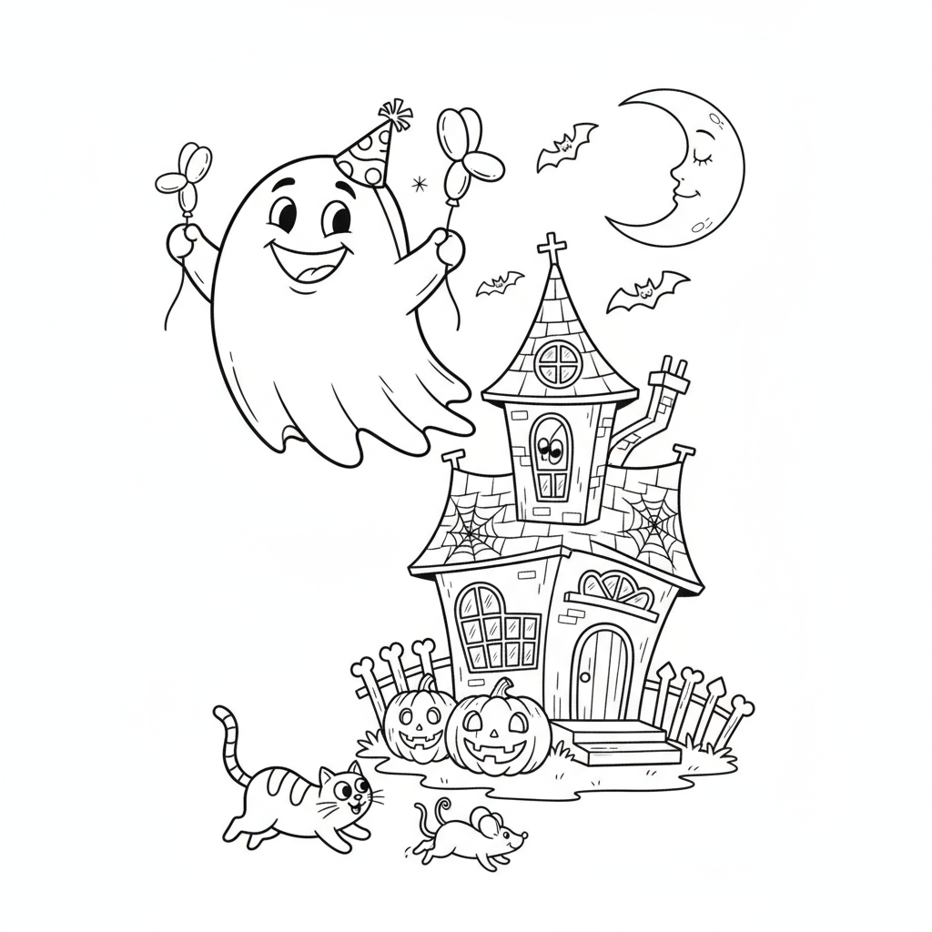 Przyjazny duch latający nad strasznym nawiedzonym domem, z nietoperzami i pełnią księżyca, kolorowanka dla dzieci, cz...