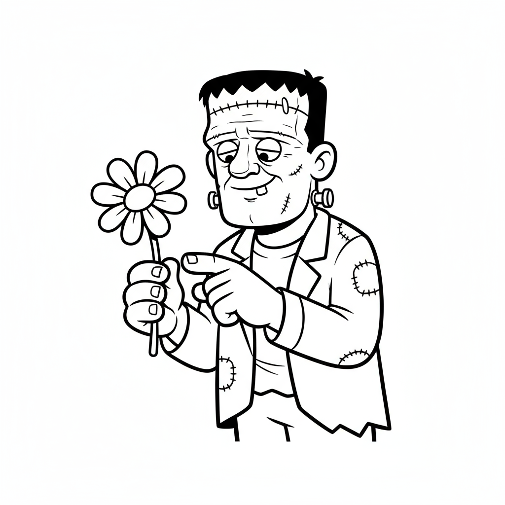 Przyjazny potwór Frankensteina trzymający kwiat, próbujący być delikatny, kolorowanka dla dzieci, czarne kontury, bia...