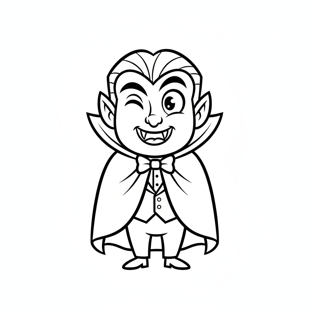 Przyjazny wampir z peleryną i kłami, mrugający, kolorowanka dla dzieci, czarne kontury, białe tło.