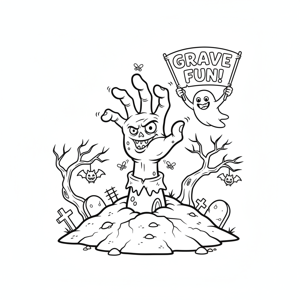 Ręka zombie wyciągająca się z ziemi na cmentarzu, kolorowanka dla dzieci, czarne kontury, białe tło.