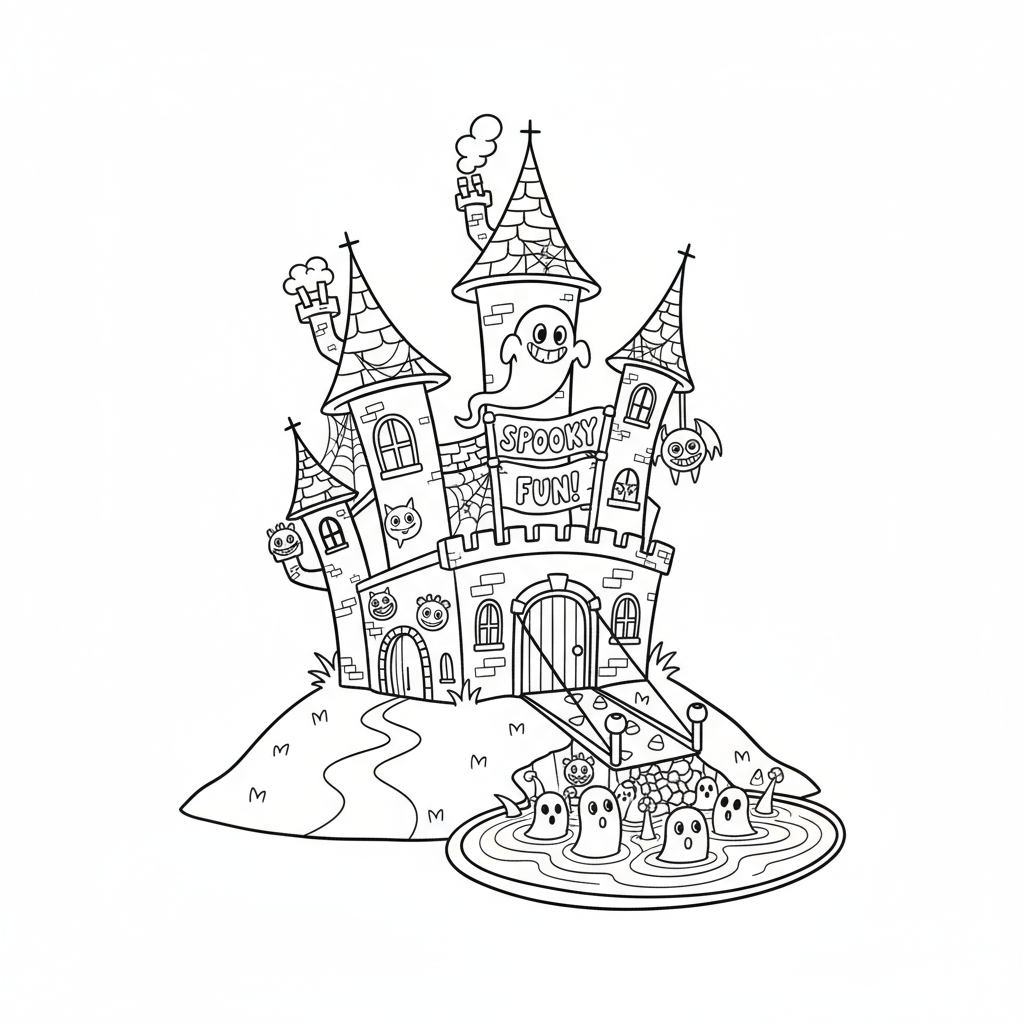 Straszny nawiedzony zamek na wzgórzu, z mostem zwodzonym i wieżami, kolorowanka dla dzieci, czarne kontury, białe tło.