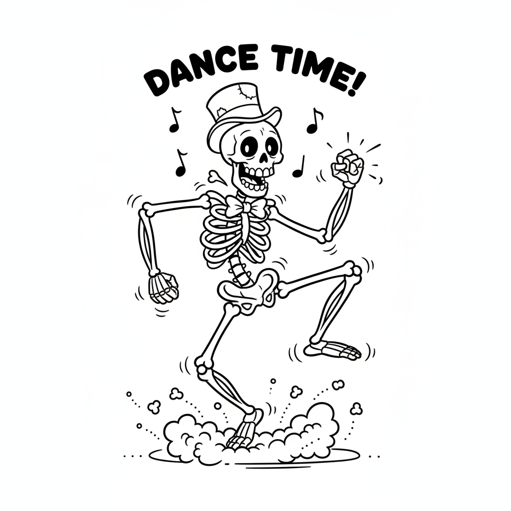 Rozbawiony szkielet tańczący, ze stukającymi kośćmi, kolorowanka dla dzieci, czarne kontury, białe tło.