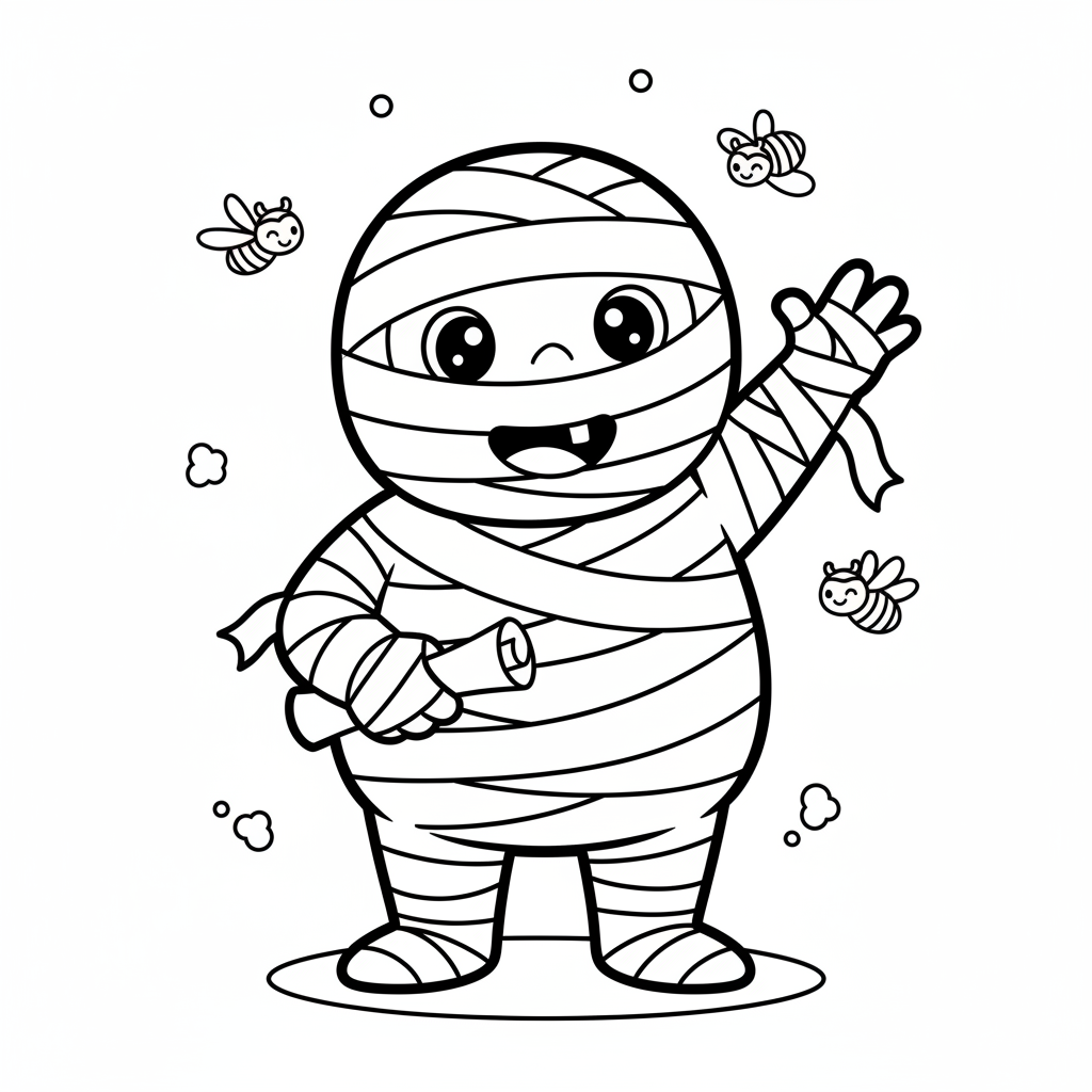 Urocza mumia owinięta bandażami, machająca na powitanie, kolorowanka dla dzieci, czarne kontury, białe tło.