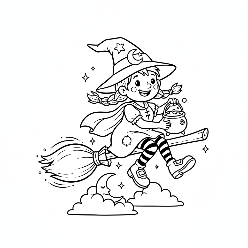 Urocza wiedźma lecąca na miotle, w spiczastym kapeluszu i z radosnym uśmiechem, kolorowanka dla dzieci, czarne kontury,...