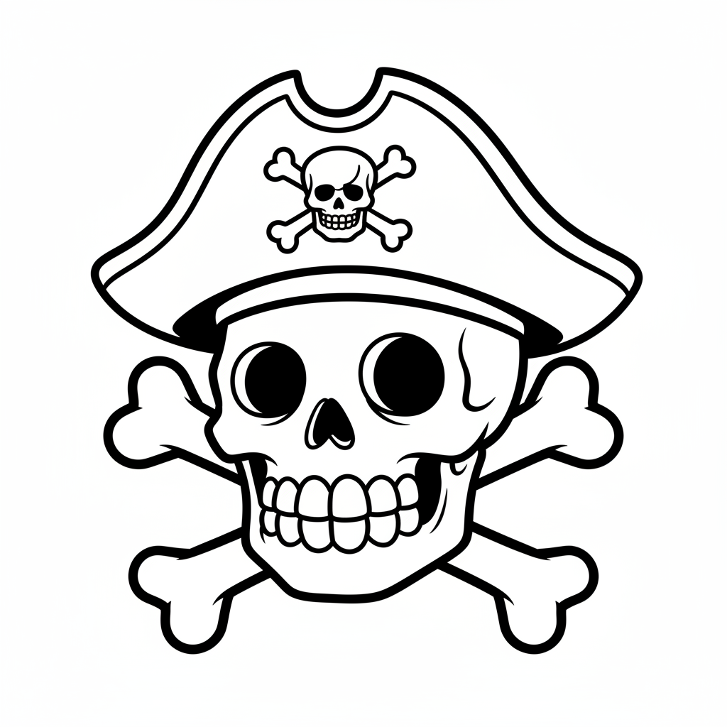 Szeroko uśmiechnięta czaszka w pirackim kapeluszu, ze skrzyżowanymi kośćmi, kolorowanka dla dzieci, czarne kontury, b...