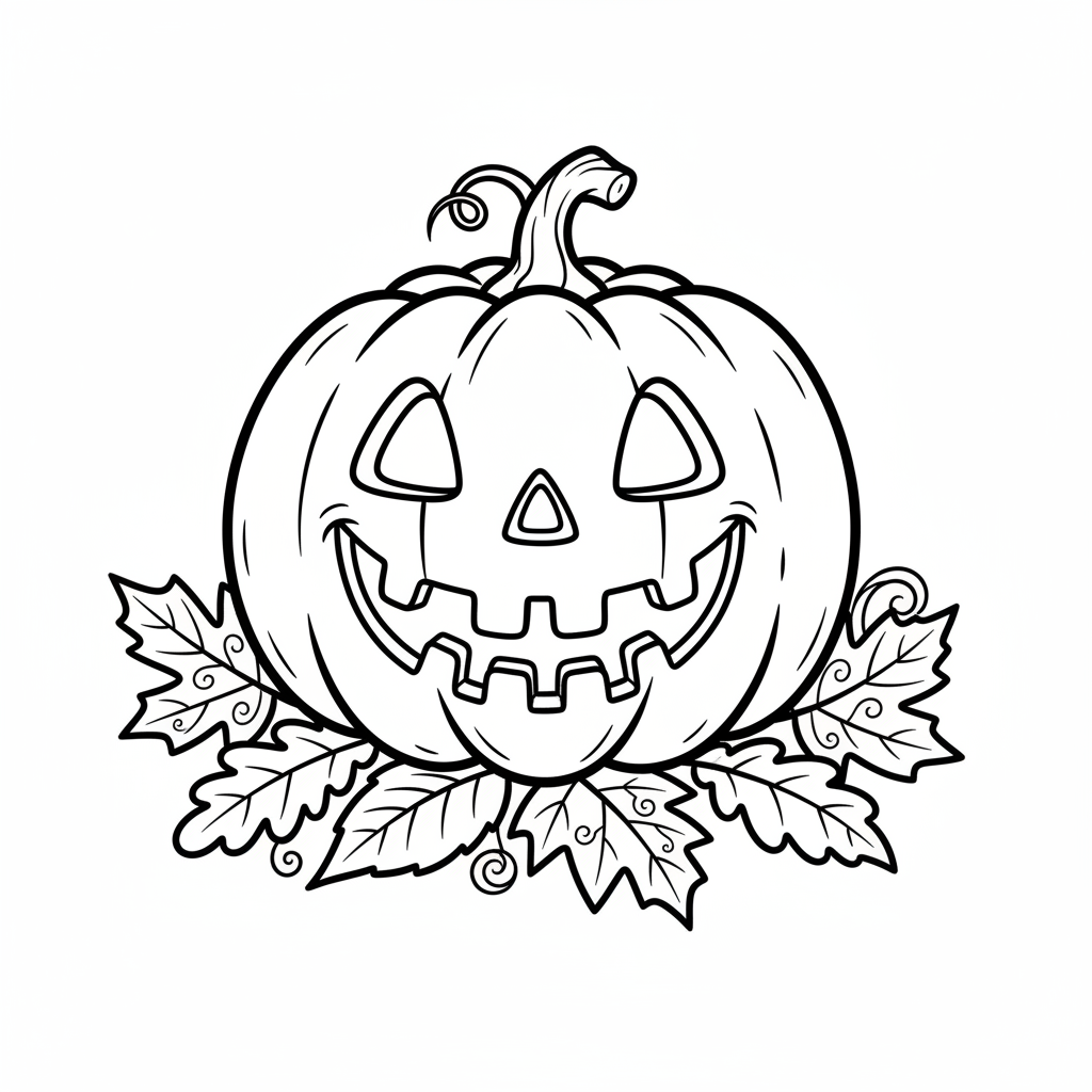 Szeroko uśmiechnięta dynia-latarnia z wyrzeźbioną twarzą, otoczona jesiennymi liśćmi, kolorowanka dla dzieci, czarn...