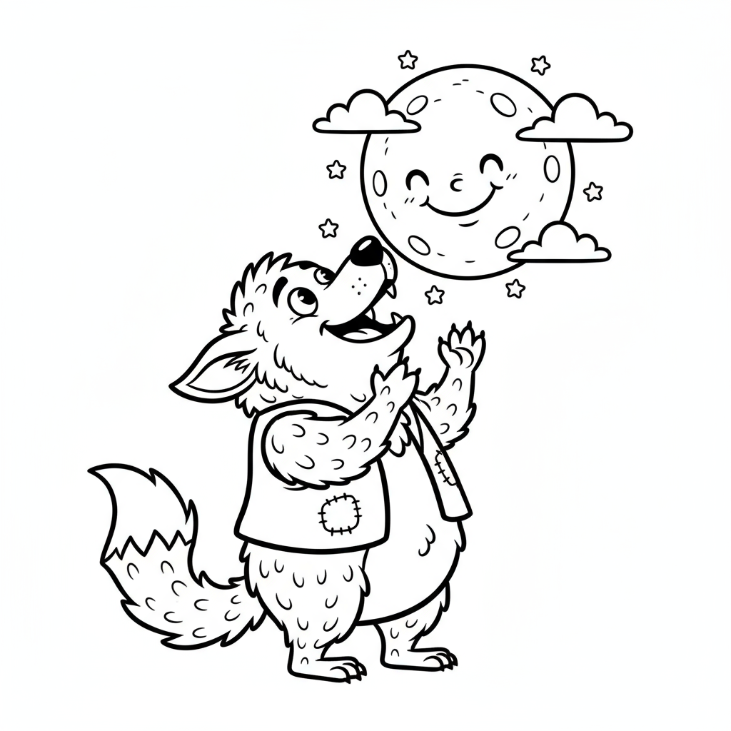 Wilkołak wyjący do księżyca, z futrzanymi detalami, kolorowanka dla dzieci, czarne kontury, białe tło.