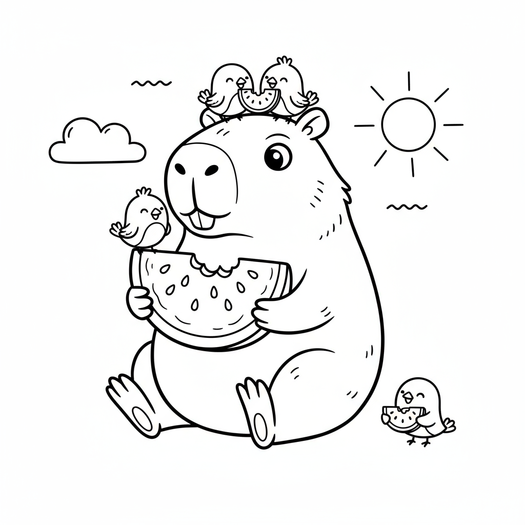 Kapibara dzieli się arbuzem z ptakami do kolorowania