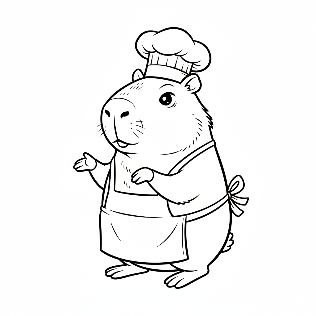 Kapibara w czapce kucharskiej i fartuchu do kolorowania