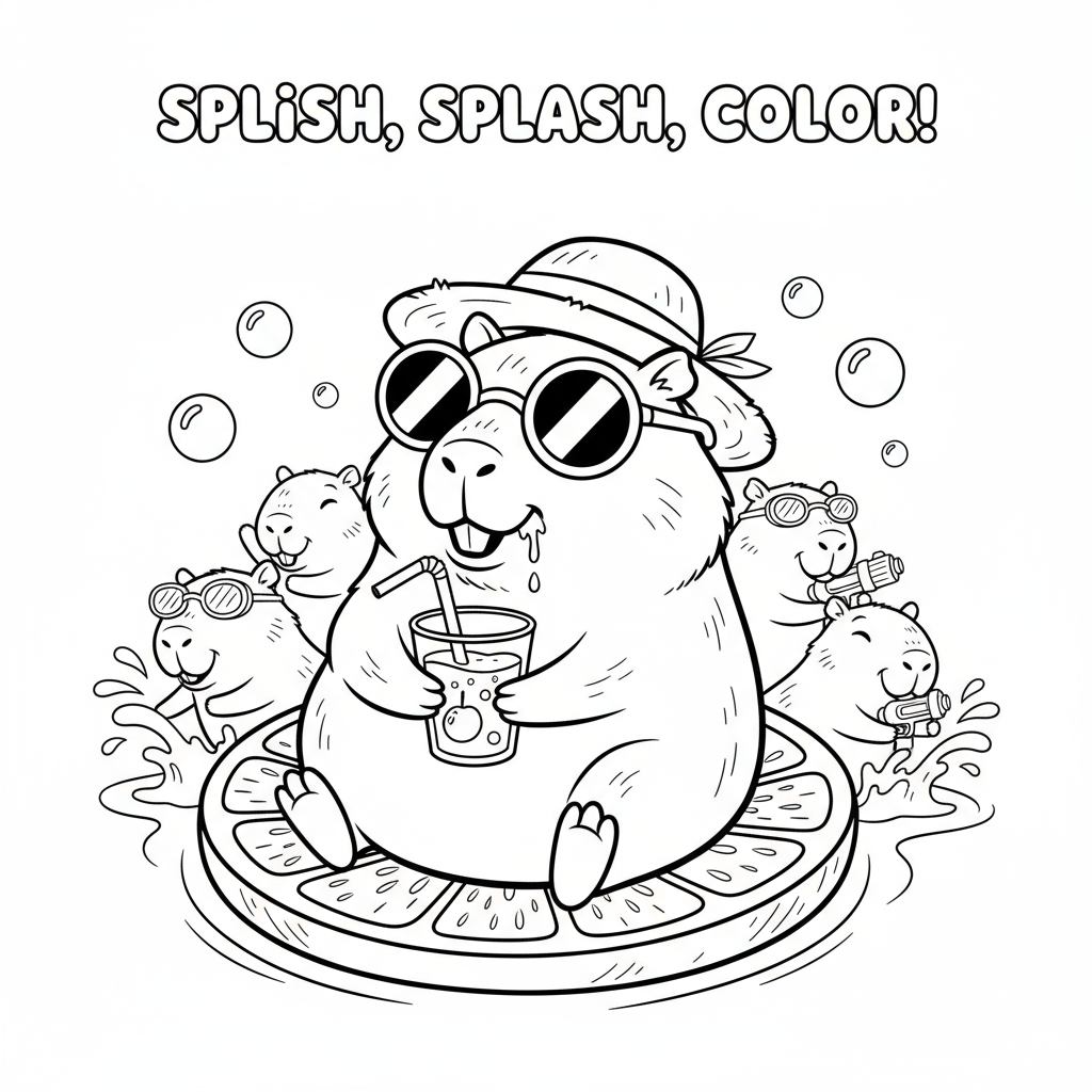 Kapibara w okularach pije sok do kolorowania