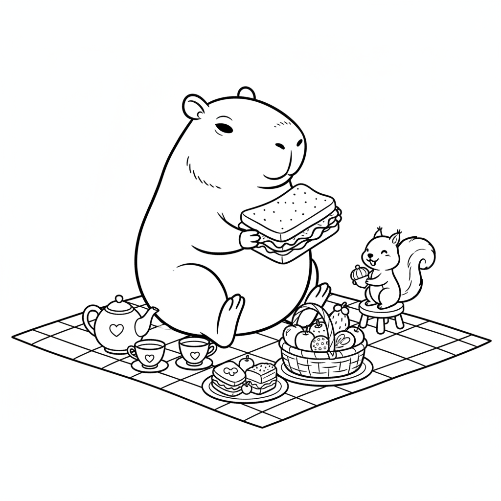 Kapibara na pikniku z wiewiórką do kolorowania