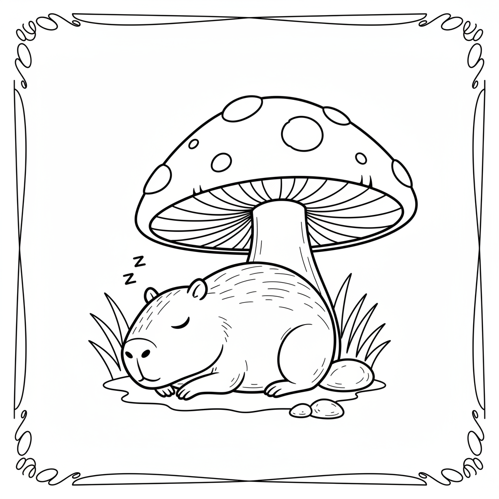 Kapibara śpiąca pod grzybem do kolorowania
