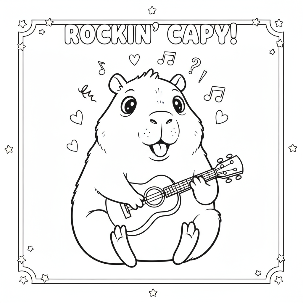 Kapibara próbująca grać na ukulele do kolorowania