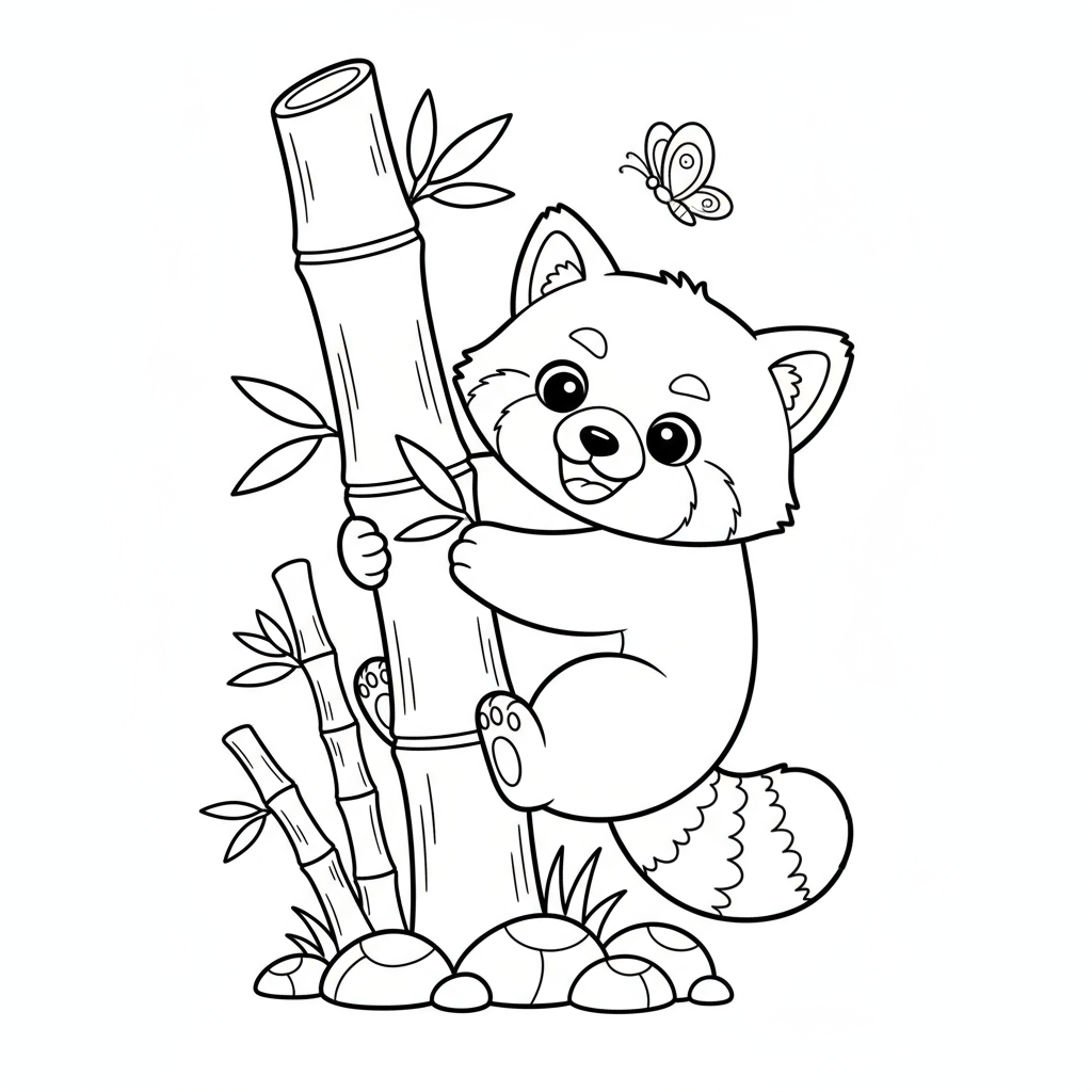 Panda czerwona wspinająca się na bambus do kolorowania