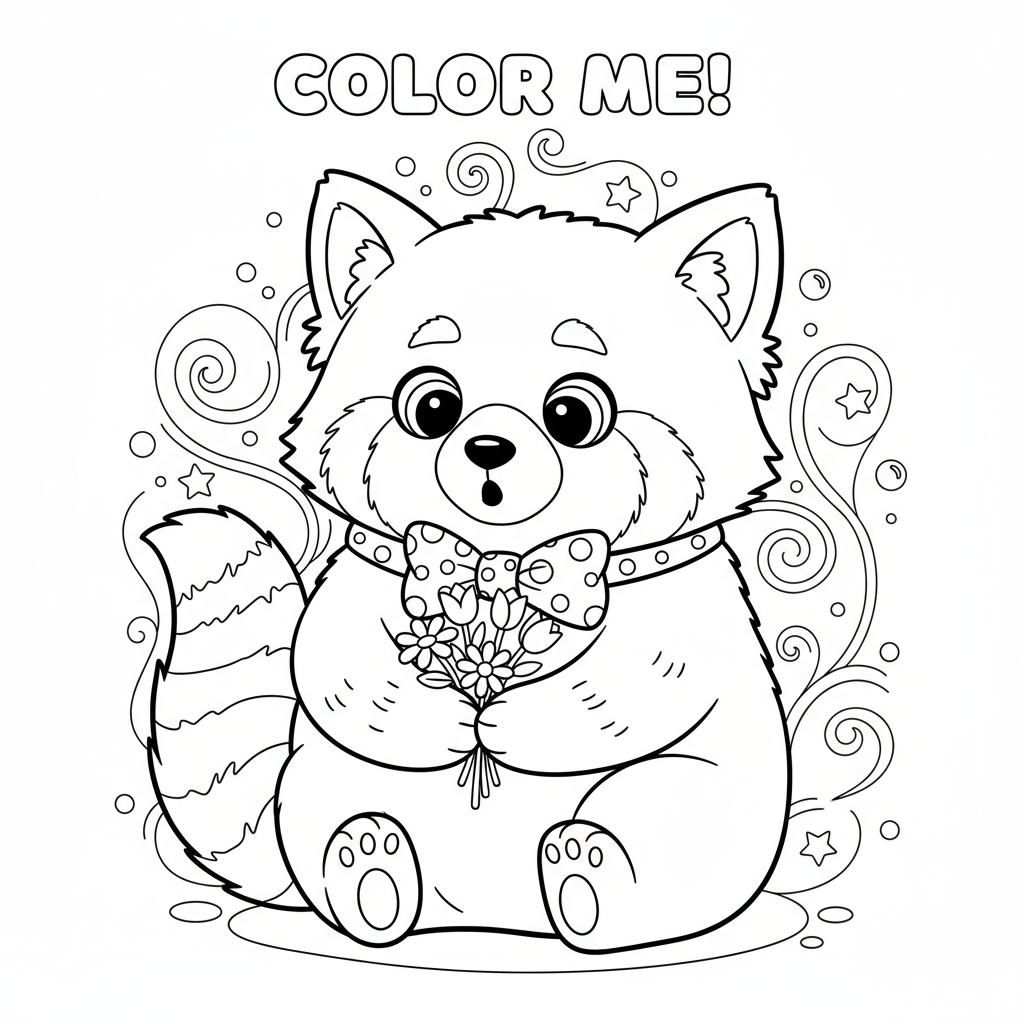 Panda czerwona z bukietem kwiatów do kolorowania