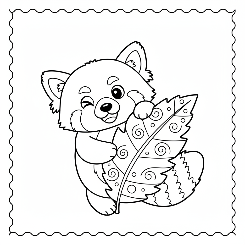 Panda czerwona bawiąca się w chowanego zza liścia do kolorowania