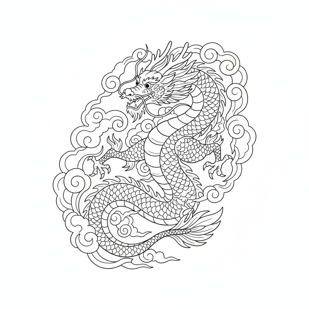Smok chiński latający wśród chmur do kolorowania