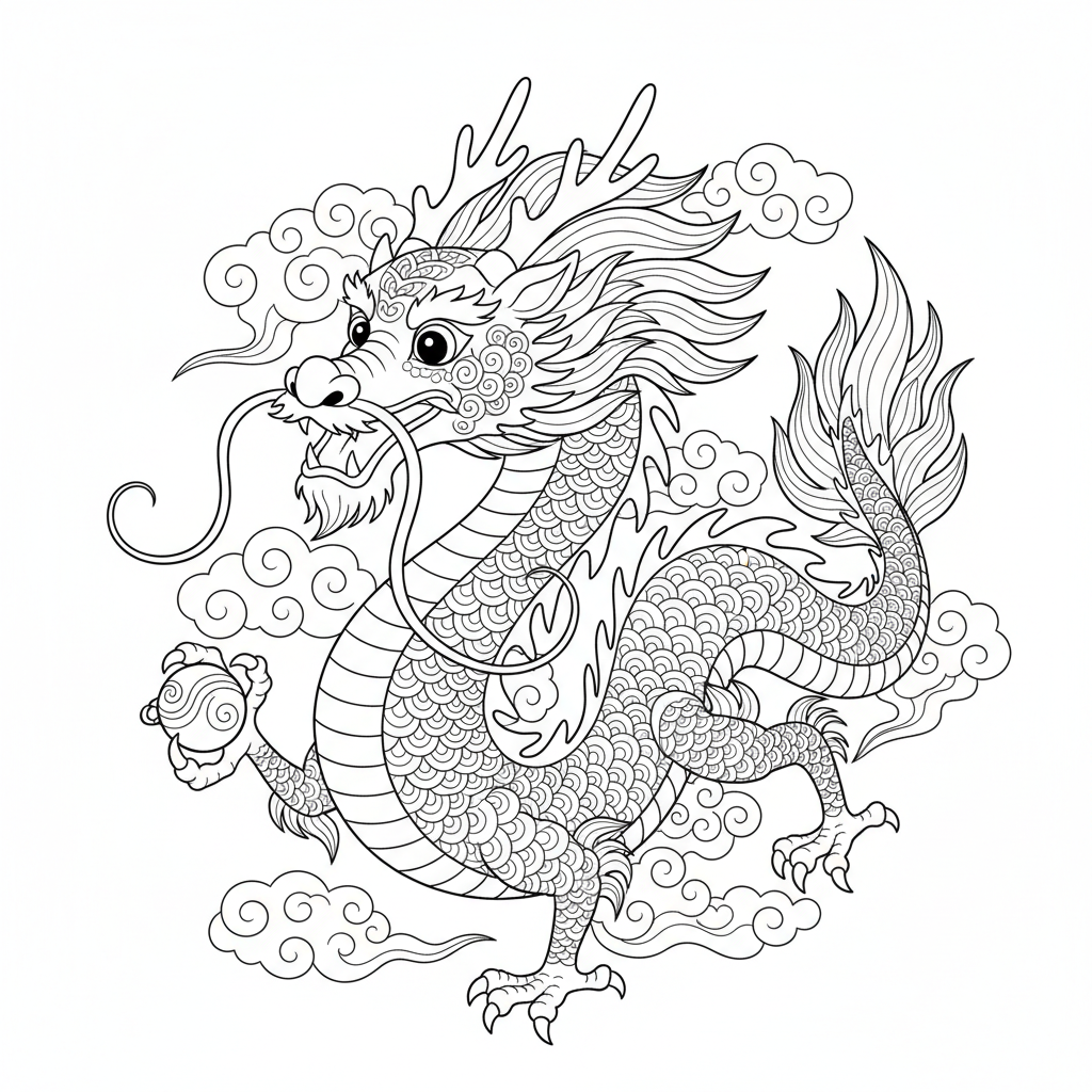 Smok chiński z misternymi łuskami i wąsami do kolorowania