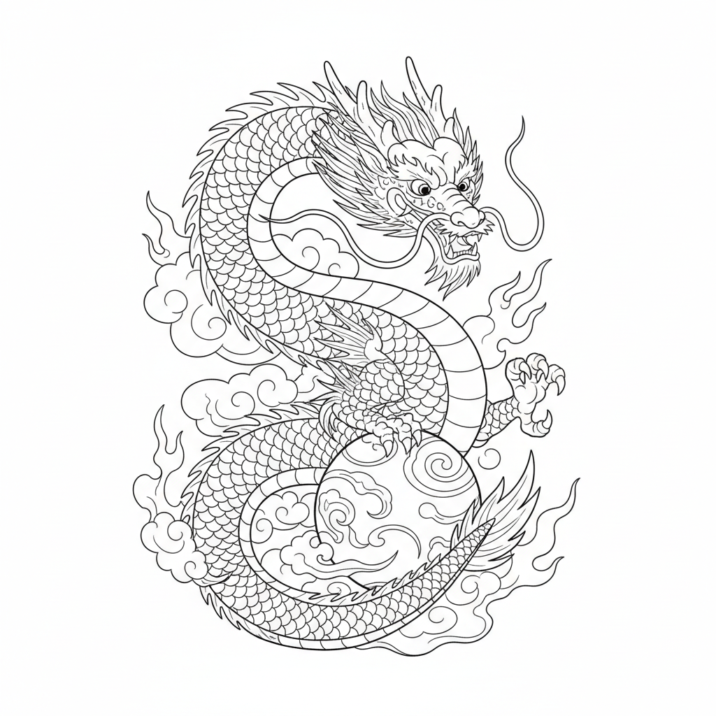 Smok chiński zwinięty wokół perły do kolorowania
