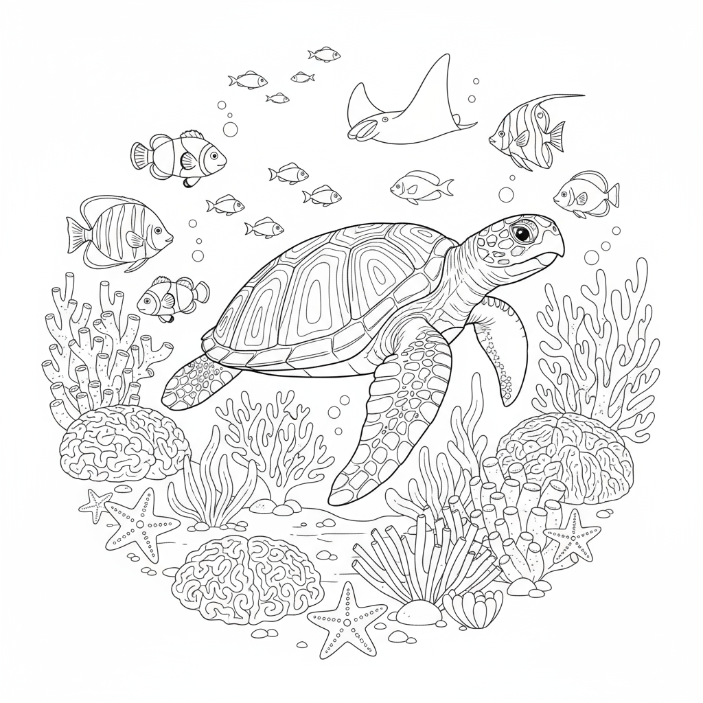 Żółw morski wśród koralowców i ryb do kolorowania