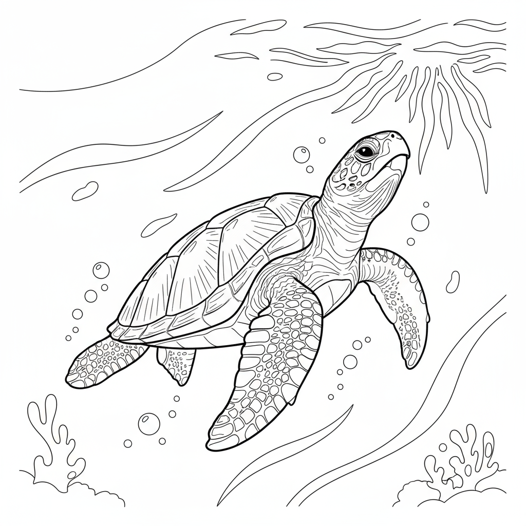 Żółw morski pływający w stronę promieni słońca do kolorowania
