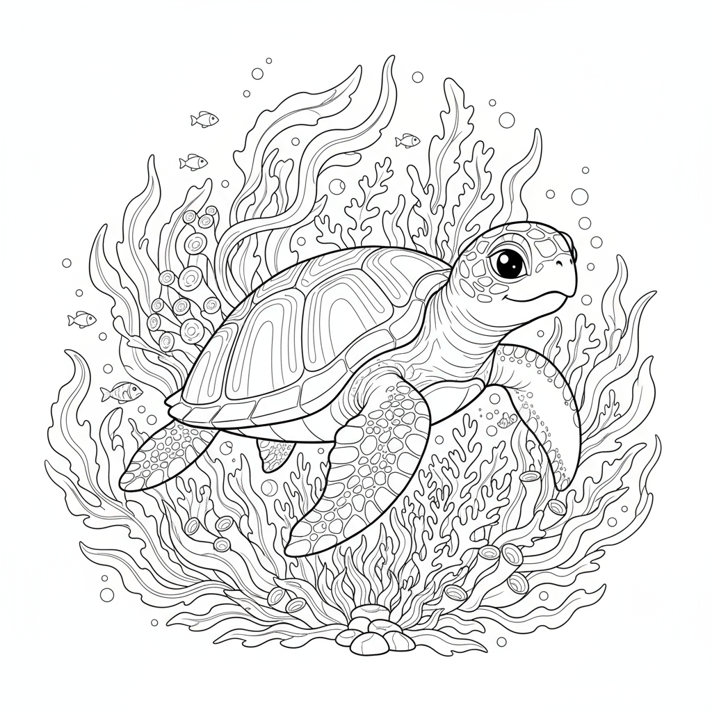 Żółw morski otoczony wodorostami do kolorowania