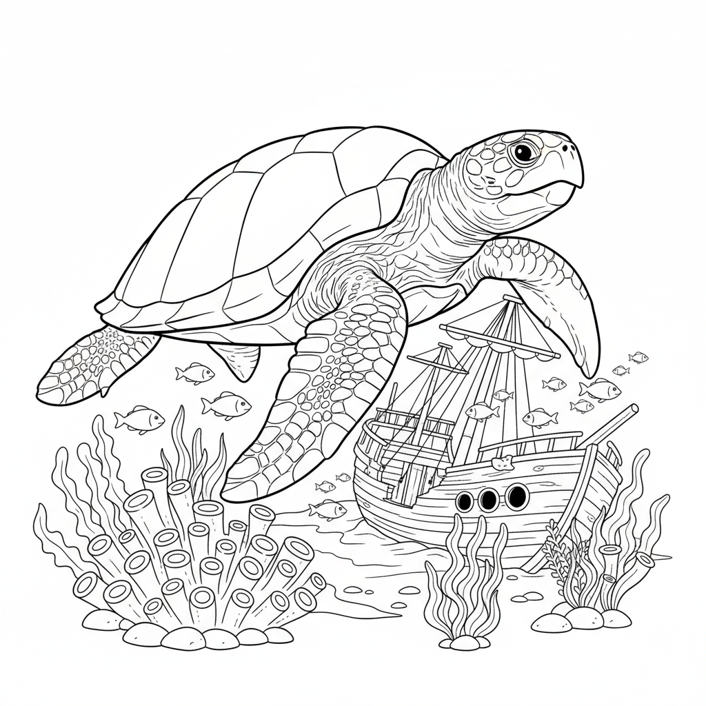 Żółw morski pływający obok wraku statku do kolorowania