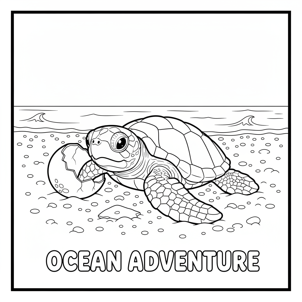 Żółw morski wykluwający się z jaja na plaży do kolorowania