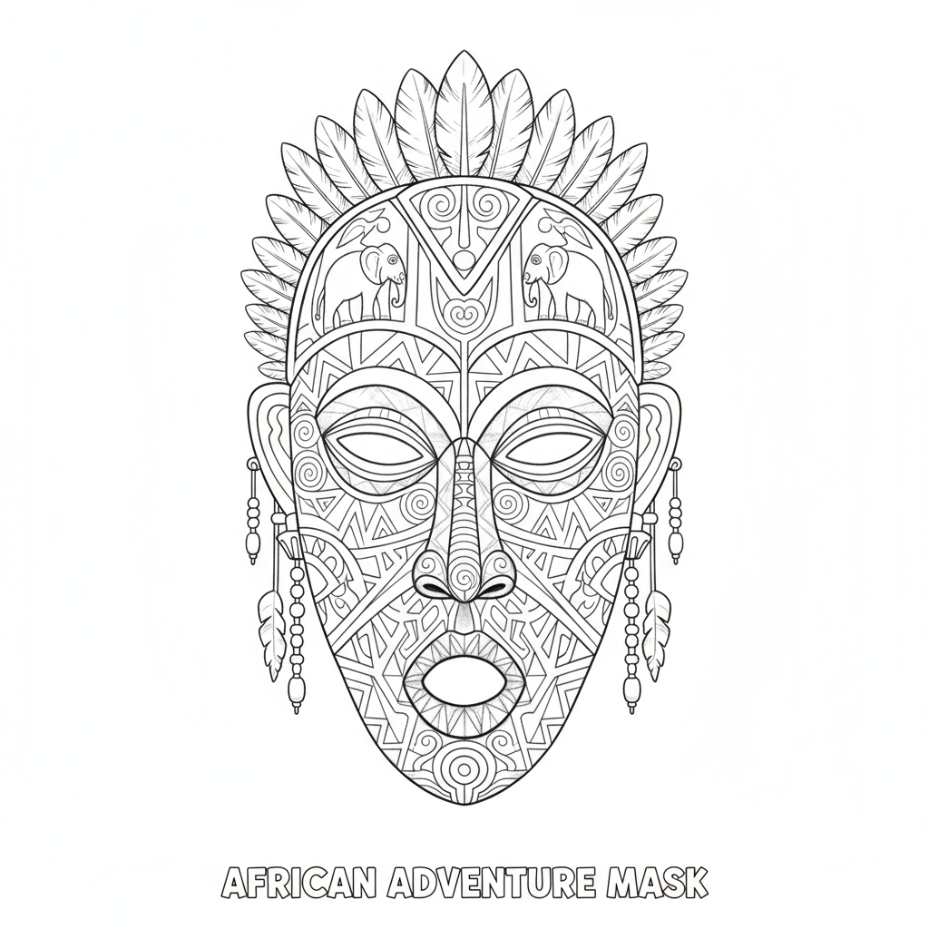 Afrykańska maska z misternymi rzeźbieniami do kolorowania