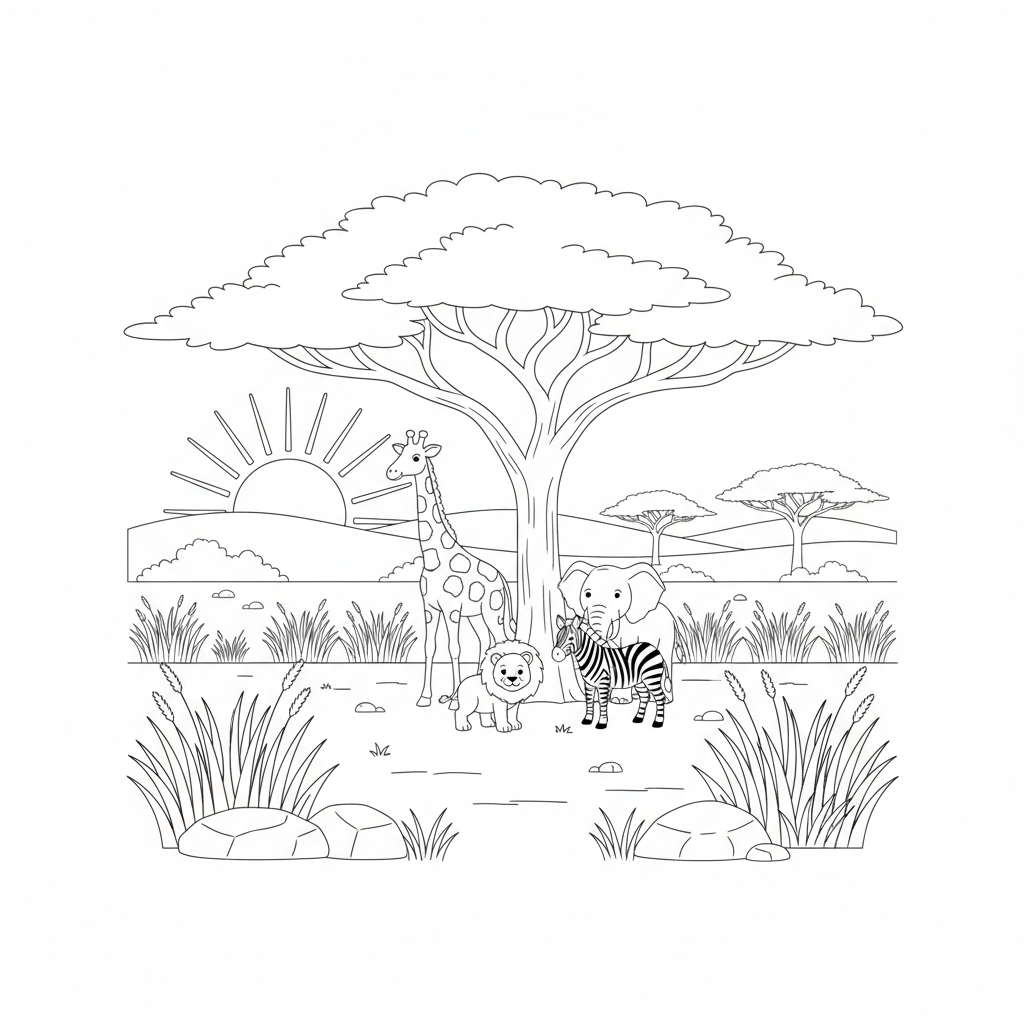 Afrykańska sawanna z akacją i słońcem do kolorowania