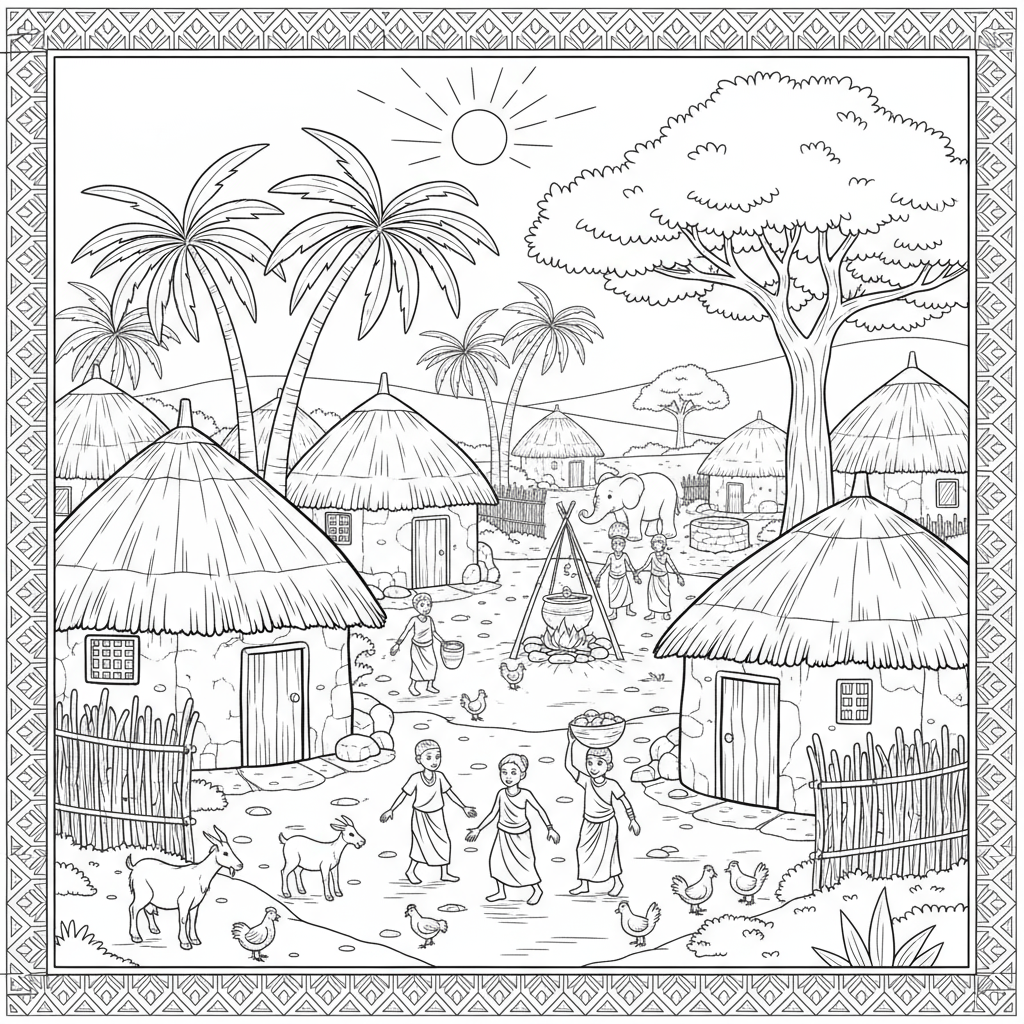 Afrykańska wioska z tradycyjnymi chatami do kolorowania
