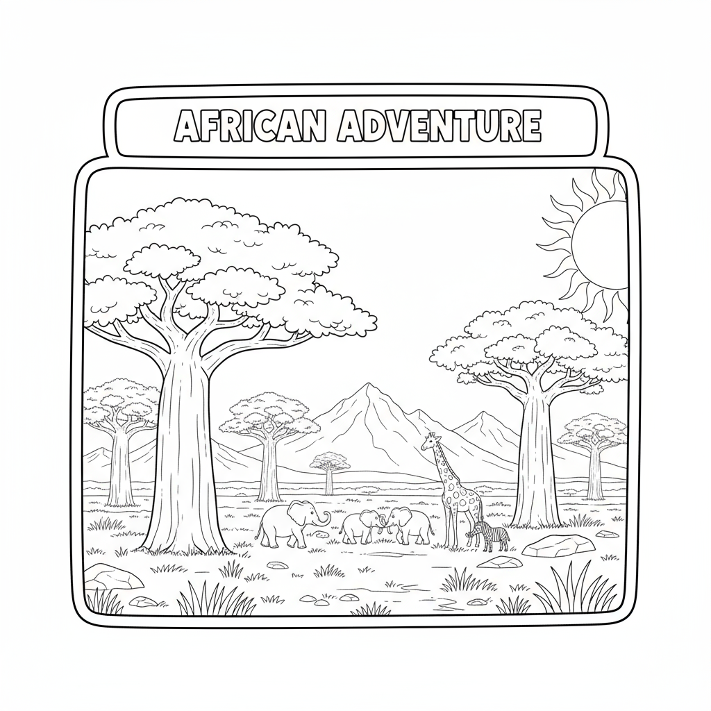 Afrykański krajobraz z baobabami do kolorowania