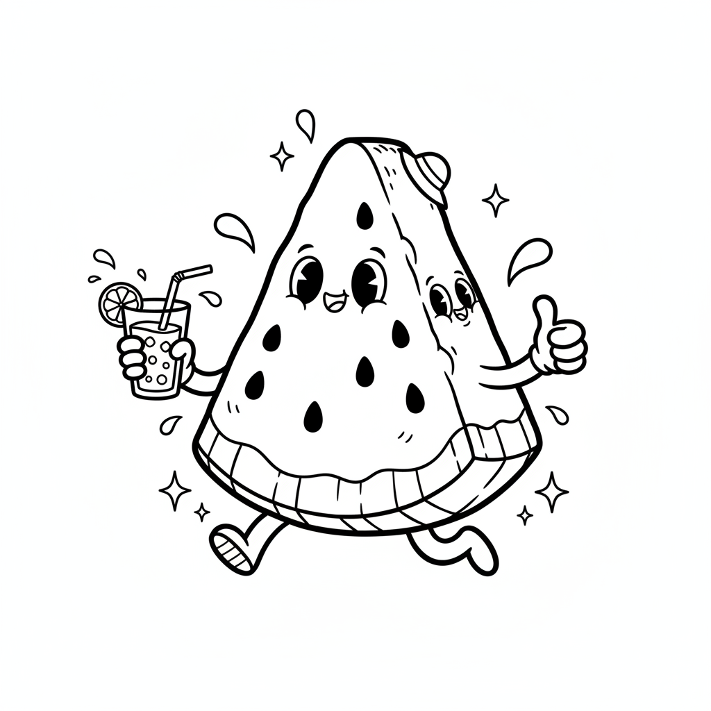 Pyszny kawałek arbuza z pestkami, idealny na gorący letni dzień, kolorowanka dla dzieci, czarne kontury, białe tło.