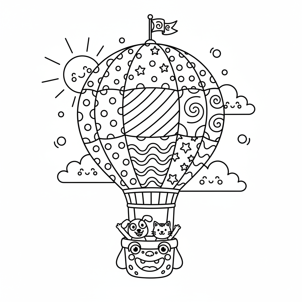 Kolorowy balon na gorące powietrze unoszący się na czystym letnim niebie, kolorowanka dla dzieci, czarne kontury, biał...