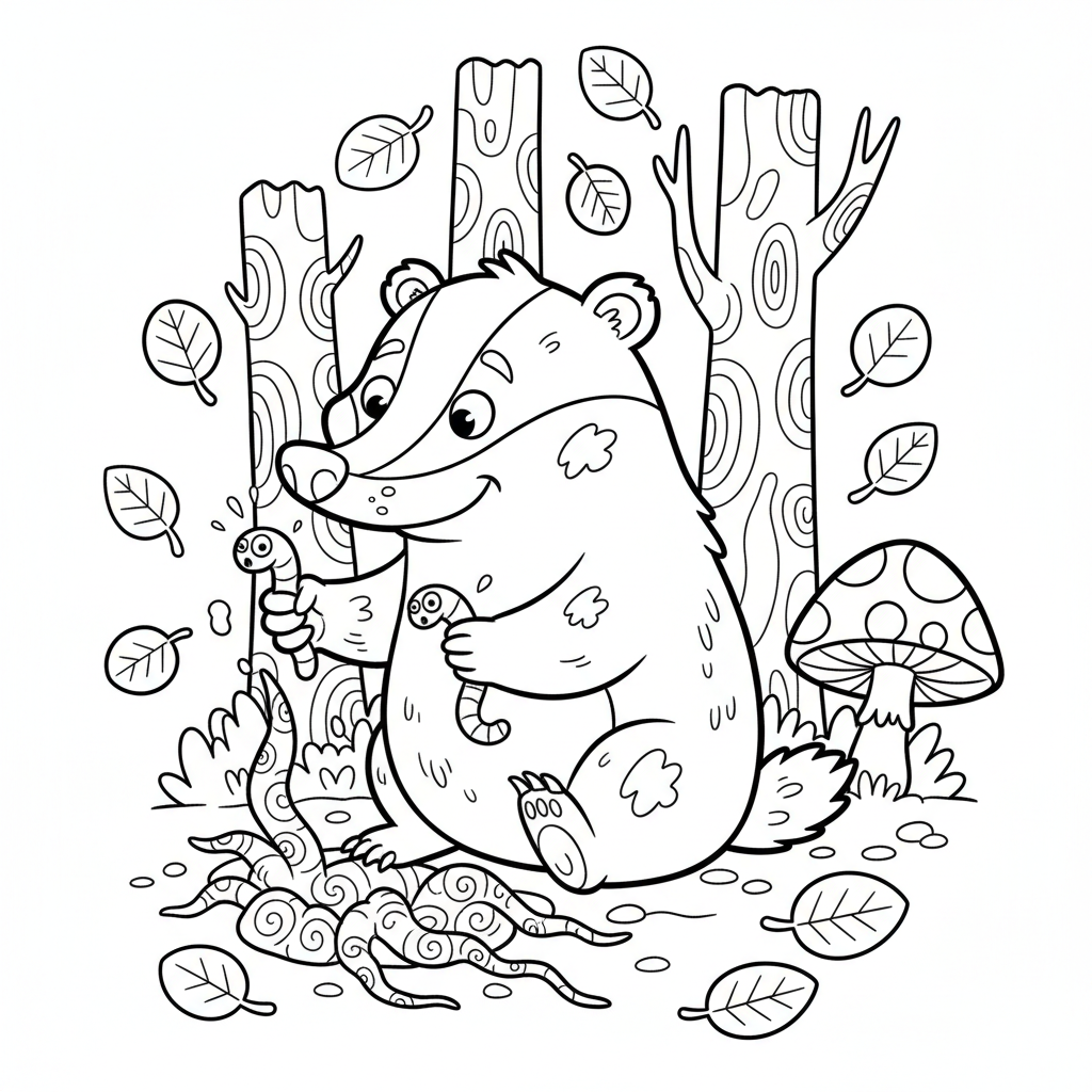 Uroczy borsuk kopiący w poszukiwaniu korzonków i robaków w jesiennym lesie, kolorowanka dla dzieci, czarne kontury, bia...