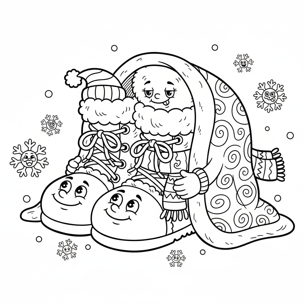 Ciepła para zimowych butów i gruby koc, kolorowanka dla dzieci, czarne kontury, białe tło.