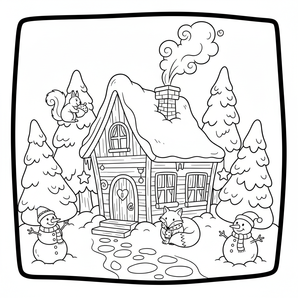 Przytulna zimowa chata w ośnieżonym lesie, z dymem unoszącym się z komina, kolorowanka dla dzieci, czarne kontury, bia...