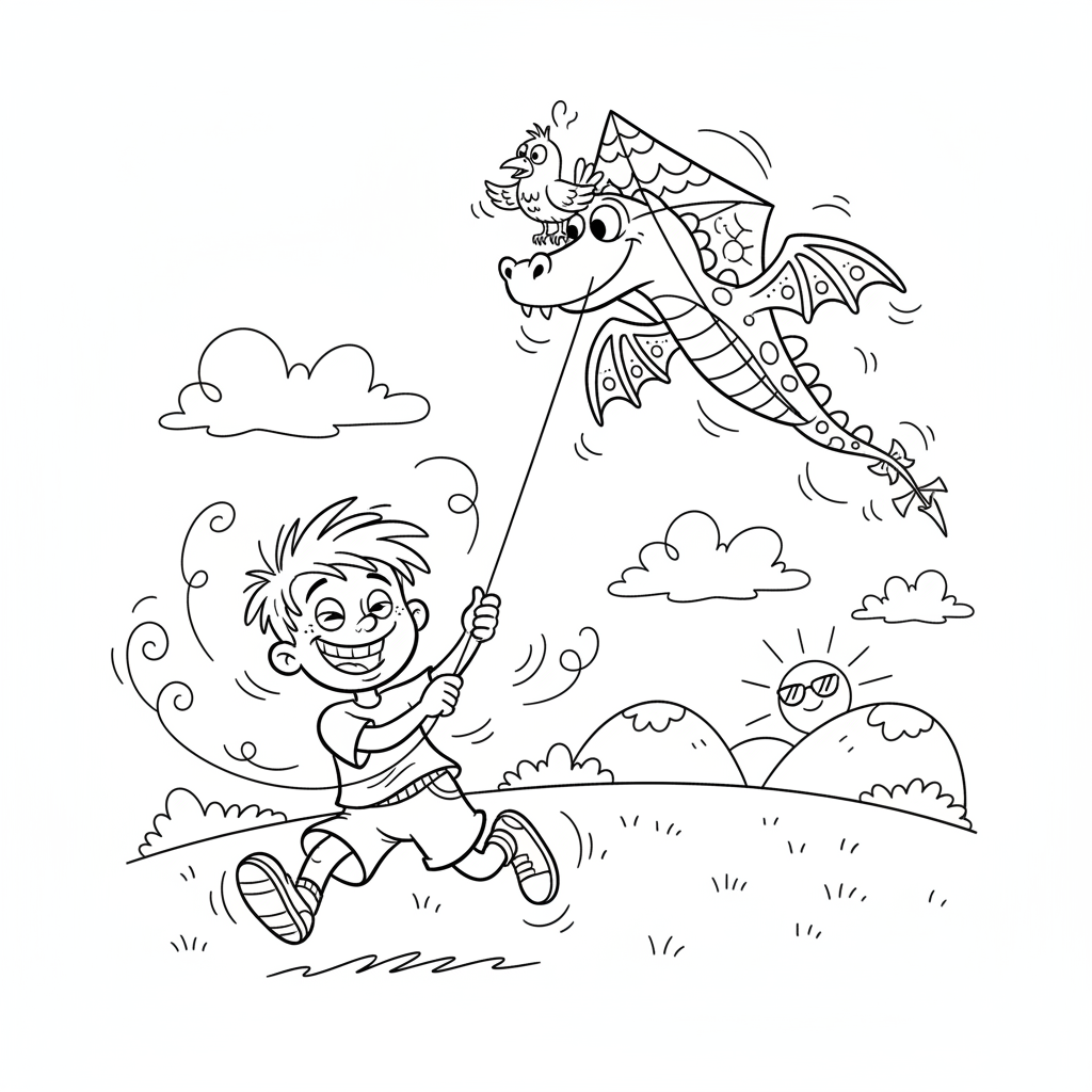 Mały chłopiec puszczający latawiec w wietrzny letni dzień, kolorowanka dla dzieci, czarne kontury, białe tło.