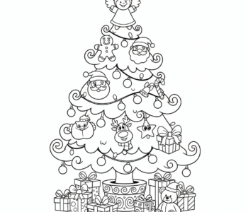 Uroczysta choinka ozdobiona bombkami i światełkami, kolorowanka dla dzieci, czarne kontury, białe tło.