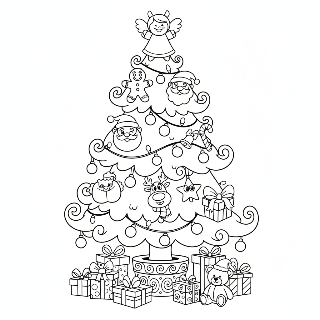 Uroczysta choinka ozdobiona bombkami i światełkami, kolorowanka dla dzieci, czarne kontury, białe tło.