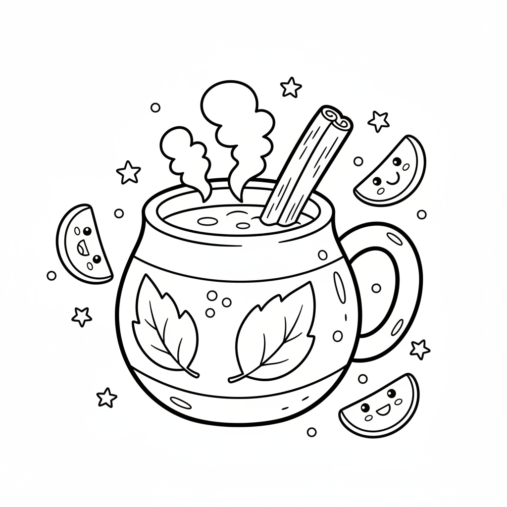 Parujący kubek cydru jabłkowego z laską cynamonu, idealny na rześki jesienny dzień, kolorowanka dla dzieci, czarne ko...