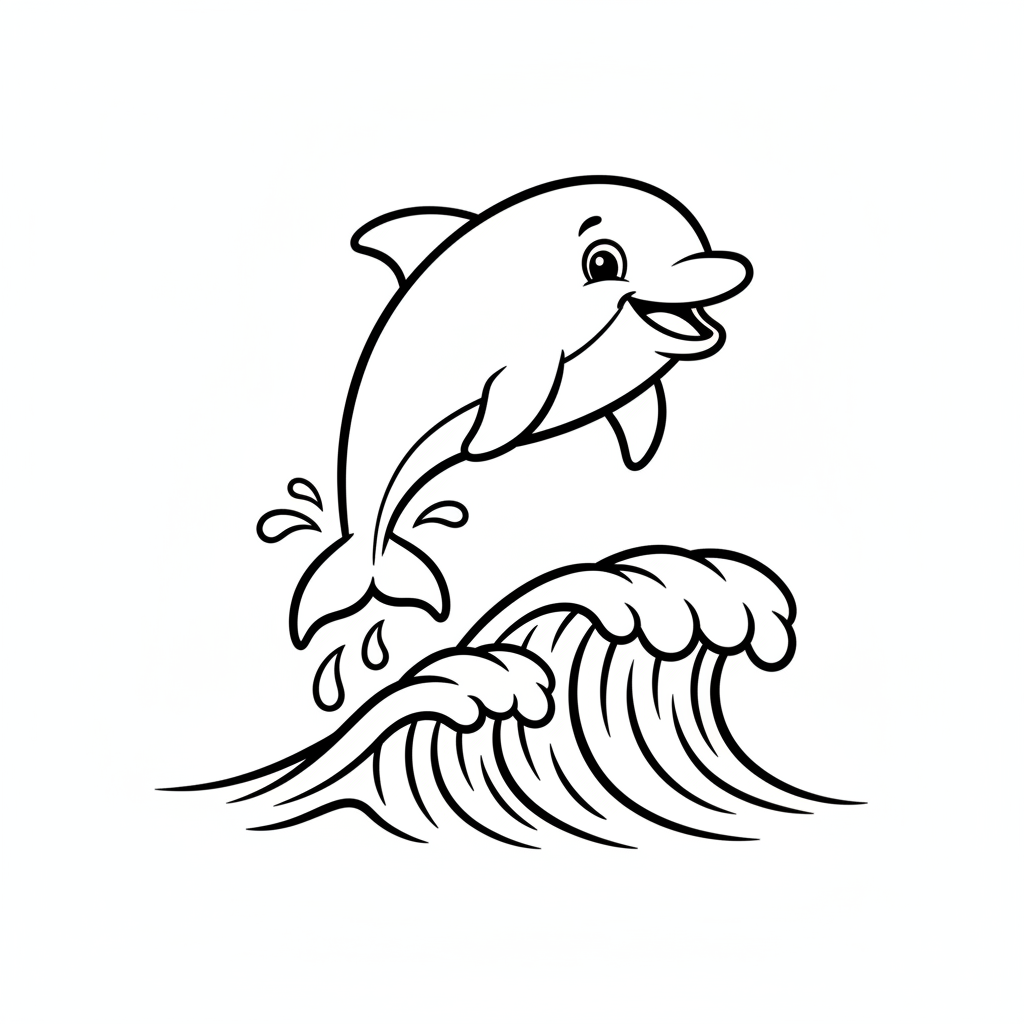 Rozbrykany delfin wyskakujący z fal, kolorowanka dla dzieci, czarne kontury, białe tło.