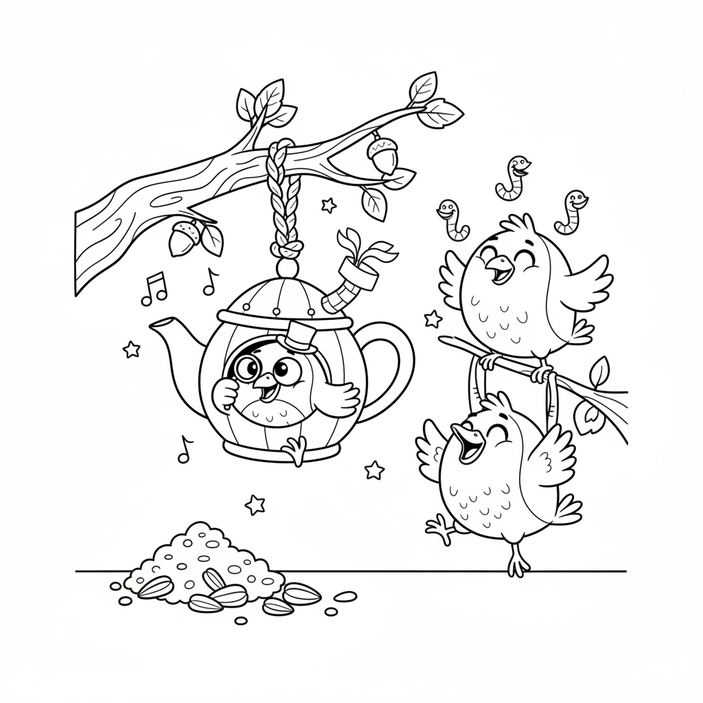 Uroczy domek dla ptaków wiszący na gałęzi drzewa z ptaszkami, kolorowanka dla dzieci, czarne kontury, białe tło.