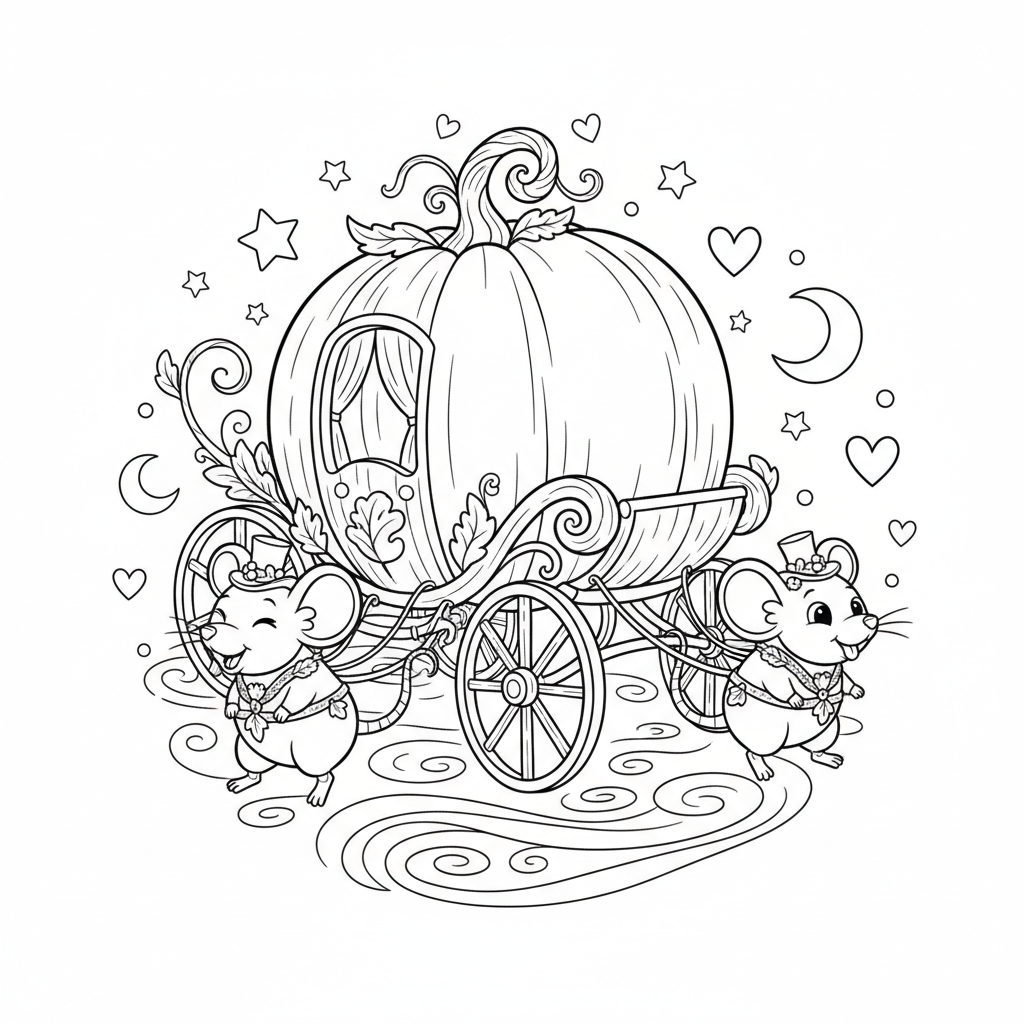 Dyniowa kareta ciągnięta przez dwie przyjazne myszki, gotowa na magiczną podróż, kolorowanka dla dzieci, czarne kontu...