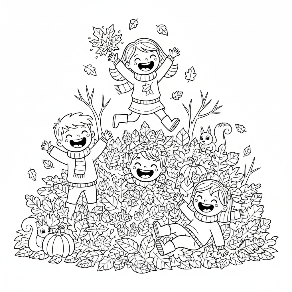 Dzieci bawiące się w stercie kolorowych jesiennych liści, śmiejące się i dobrze się bawiące, kolorowanka dla dziec...
