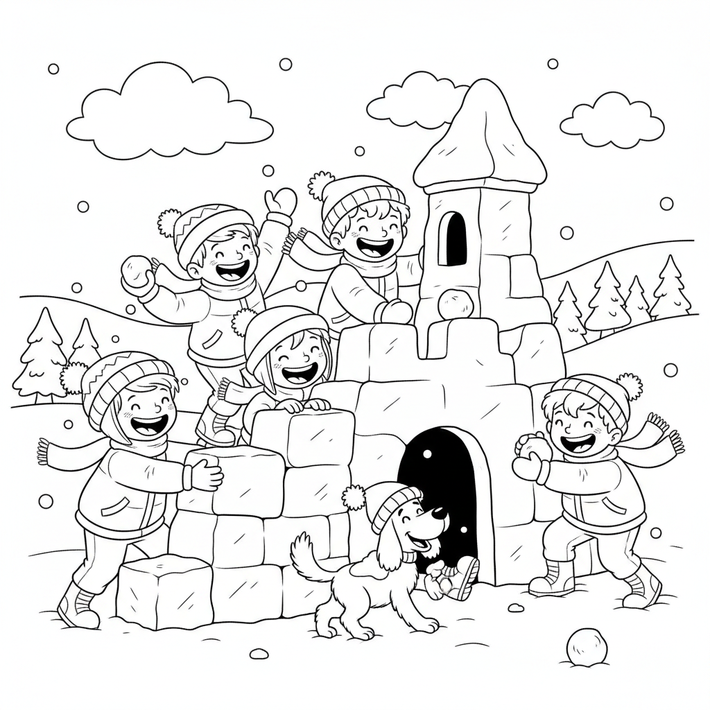 Dzieci budujące śnieżny fort, śmiejące się i bawiące, kolorowanka dla dzieci, czarne kontury, białe tło.